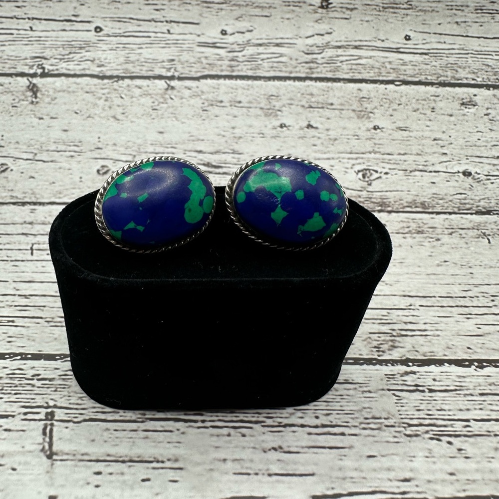 Vibrant Blue and Green Azurite Oval Earrings